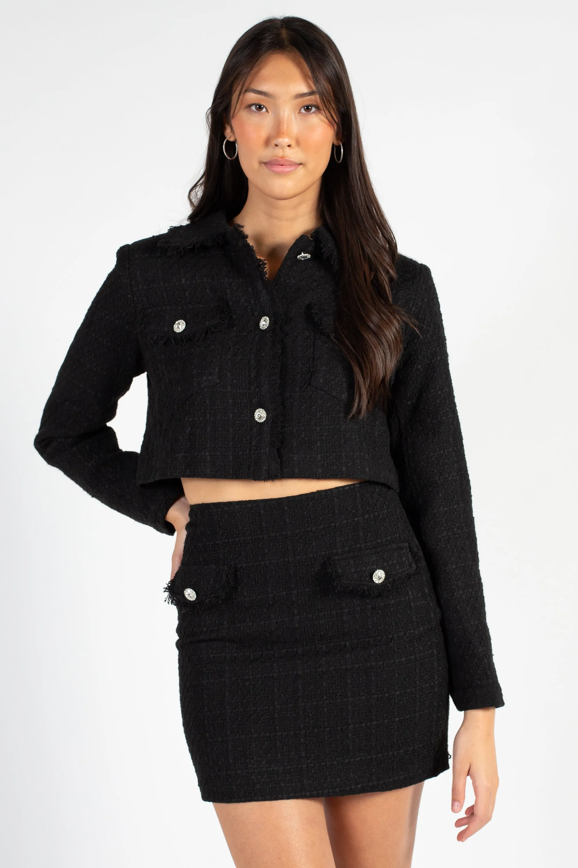 Tamera Jewel Button Tweed Mini Skirt