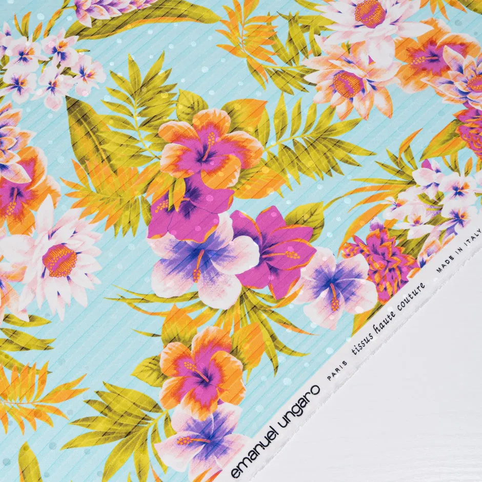 Tropical Floral Printed Baby Blue Silk Jacquard