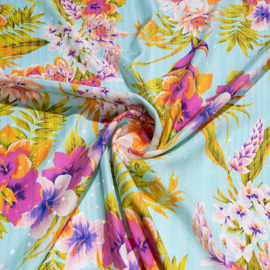 Tropical Floral Printed Baby Blue Silk Jacquard