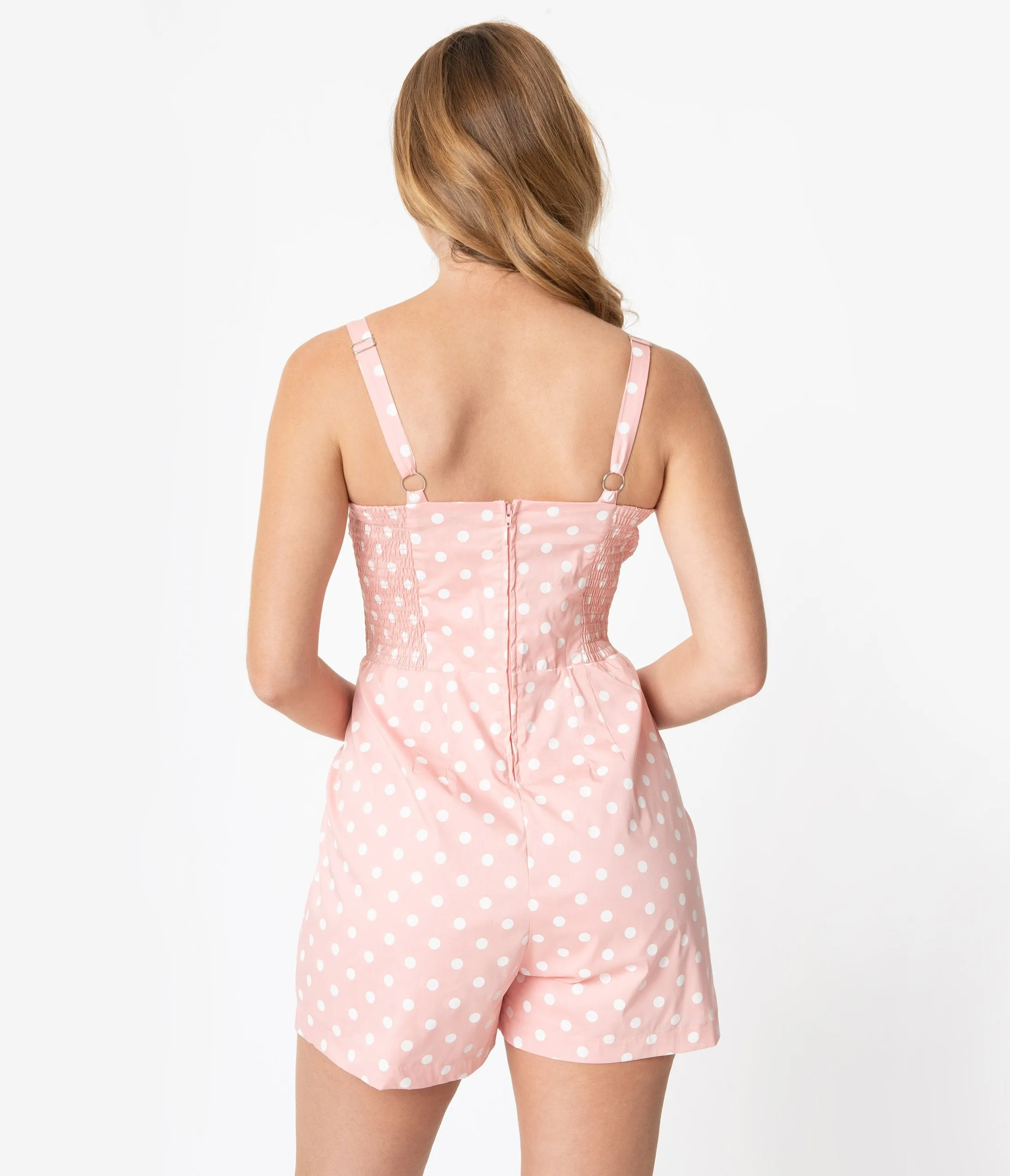 Unique Vintage Light Pink & White Dot Print Skirted Dolly Romper