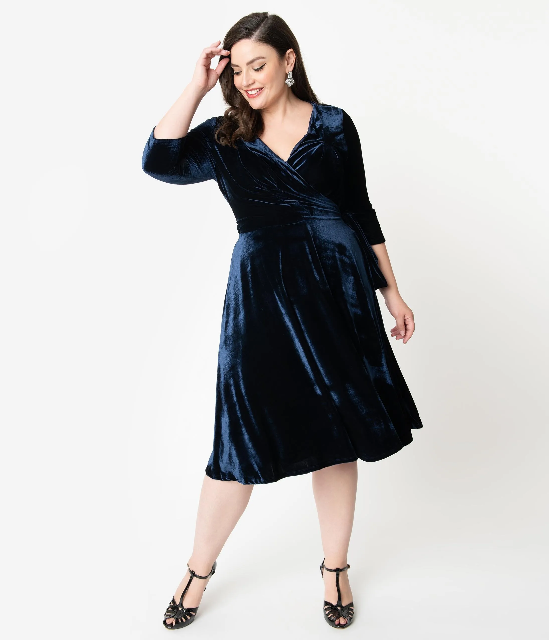 Unique Vintage Plus Size 1940s Style Navy Blue Velvet Kelsie Wrap Dress