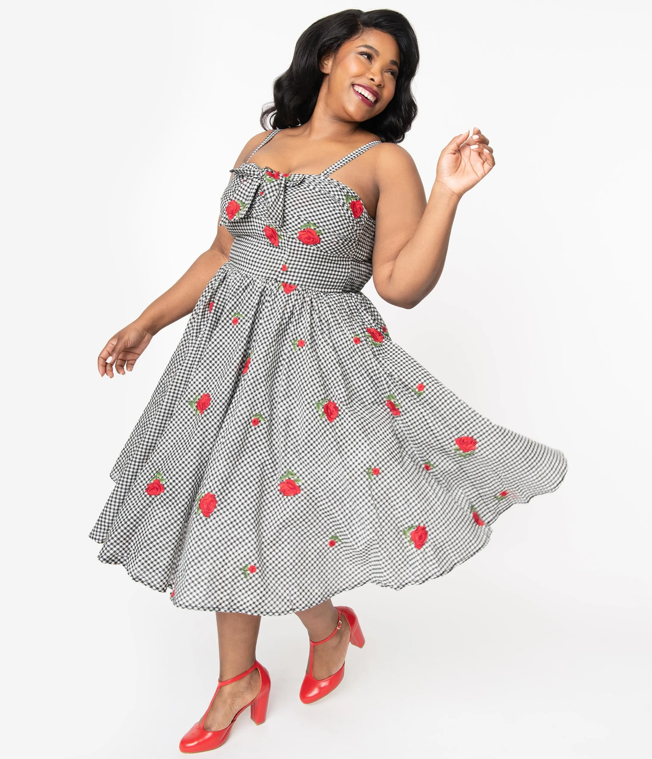 Unique Vintage Plus Size 1950s Black & White Gingham Roses Print Golightly Swing Dress