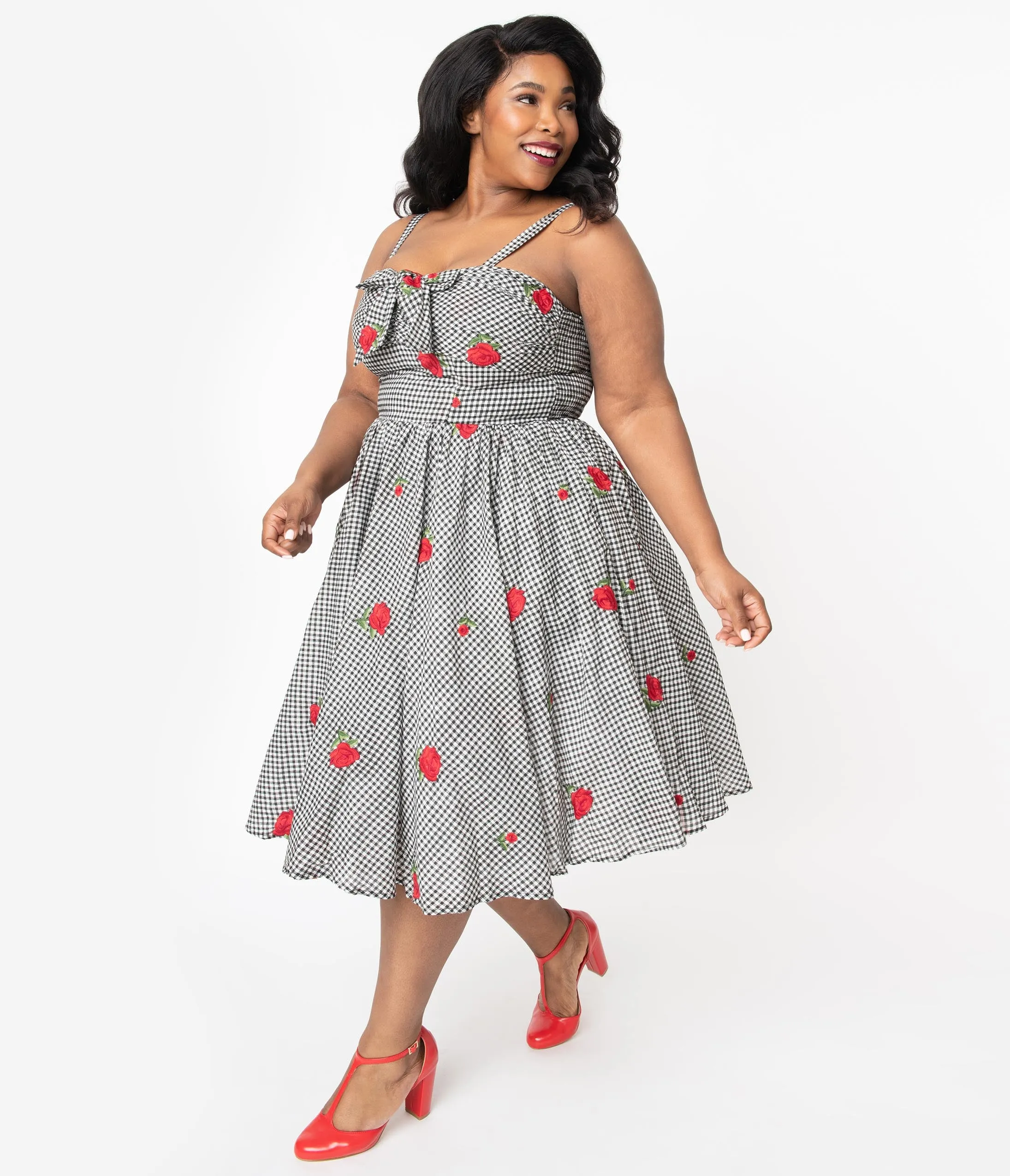 Unique Vintage Plus Size 1950s Black & White Gingham Roses Print Golightly Swing Dress