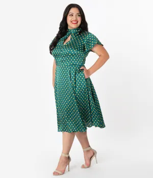 Unique Vintage Plus Size 1950s Emerald & Yellow Polka Dot Baltimore Swing Dress