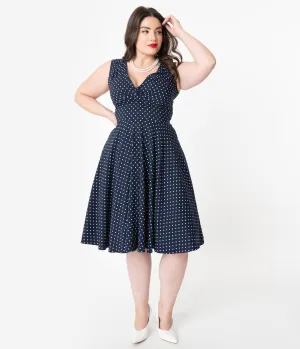 Unique Vintage Plus Size 1950s Navy & White Pin Dot Sleeveless Delores Swing Dress