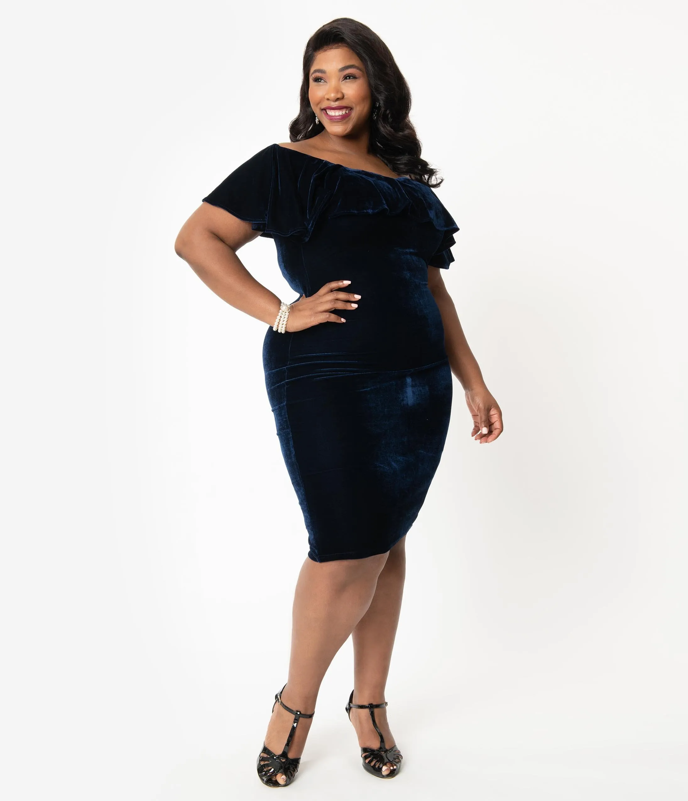 Unique Vintage Plus Size Navy Blue Velvet Off Shoulder Sophia Wiggle Dress