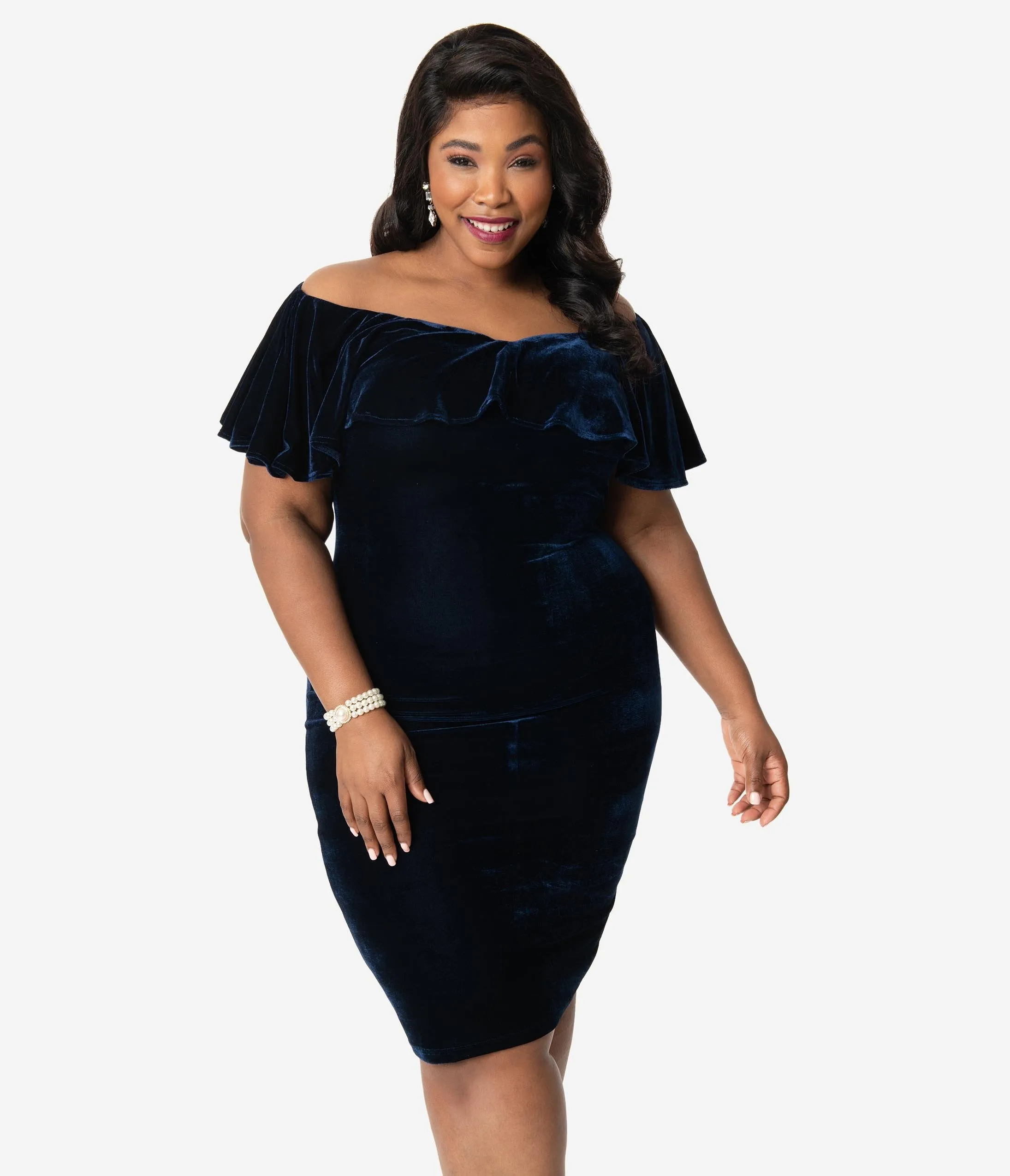 Unique Vintage Plus Size Navy Blue Velvet Off Shoulder Sophia Wiggle Dress