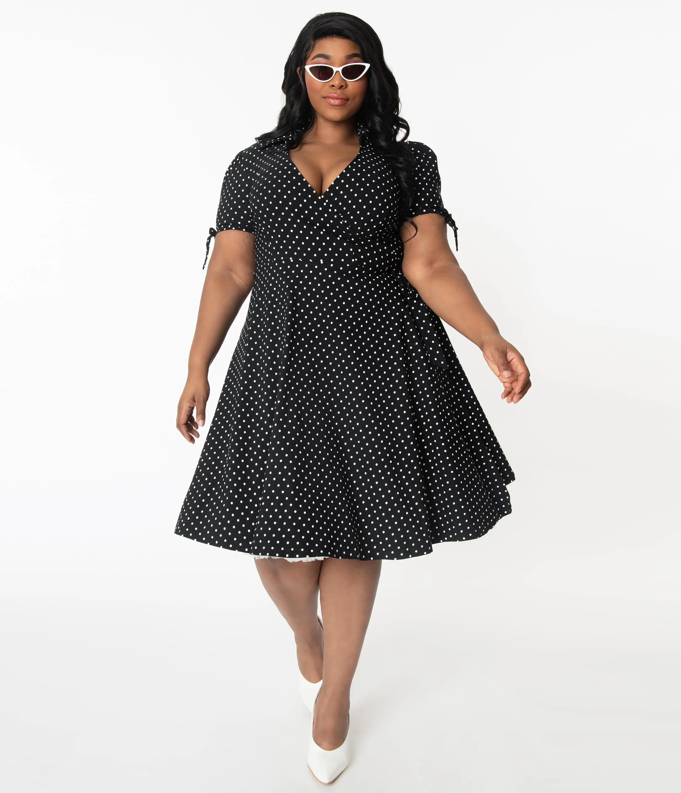 Unique Vintage Plus Size Retro Black & White Pin Dot Bianca Wrap Dress