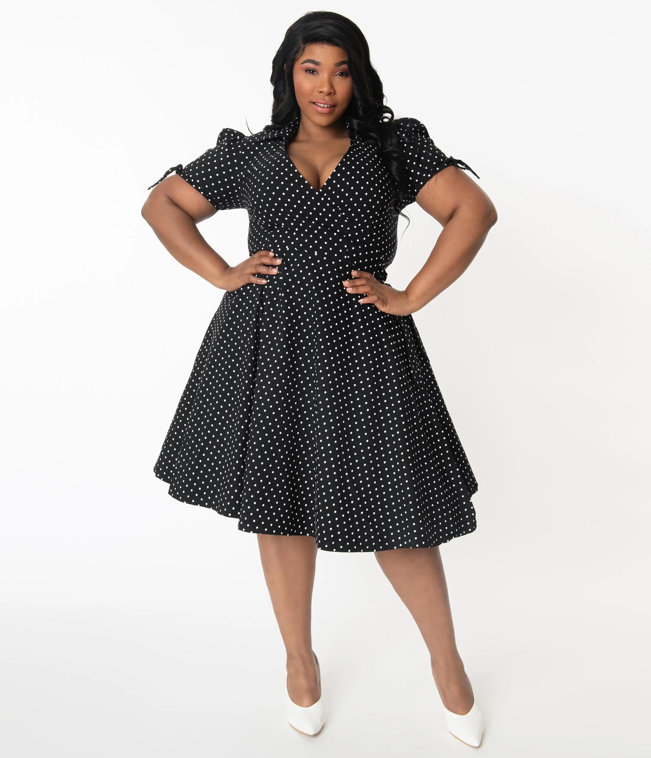 Unique Vintage Plus Size Retro Black & White Pin Dot Bianca Wrap Dress