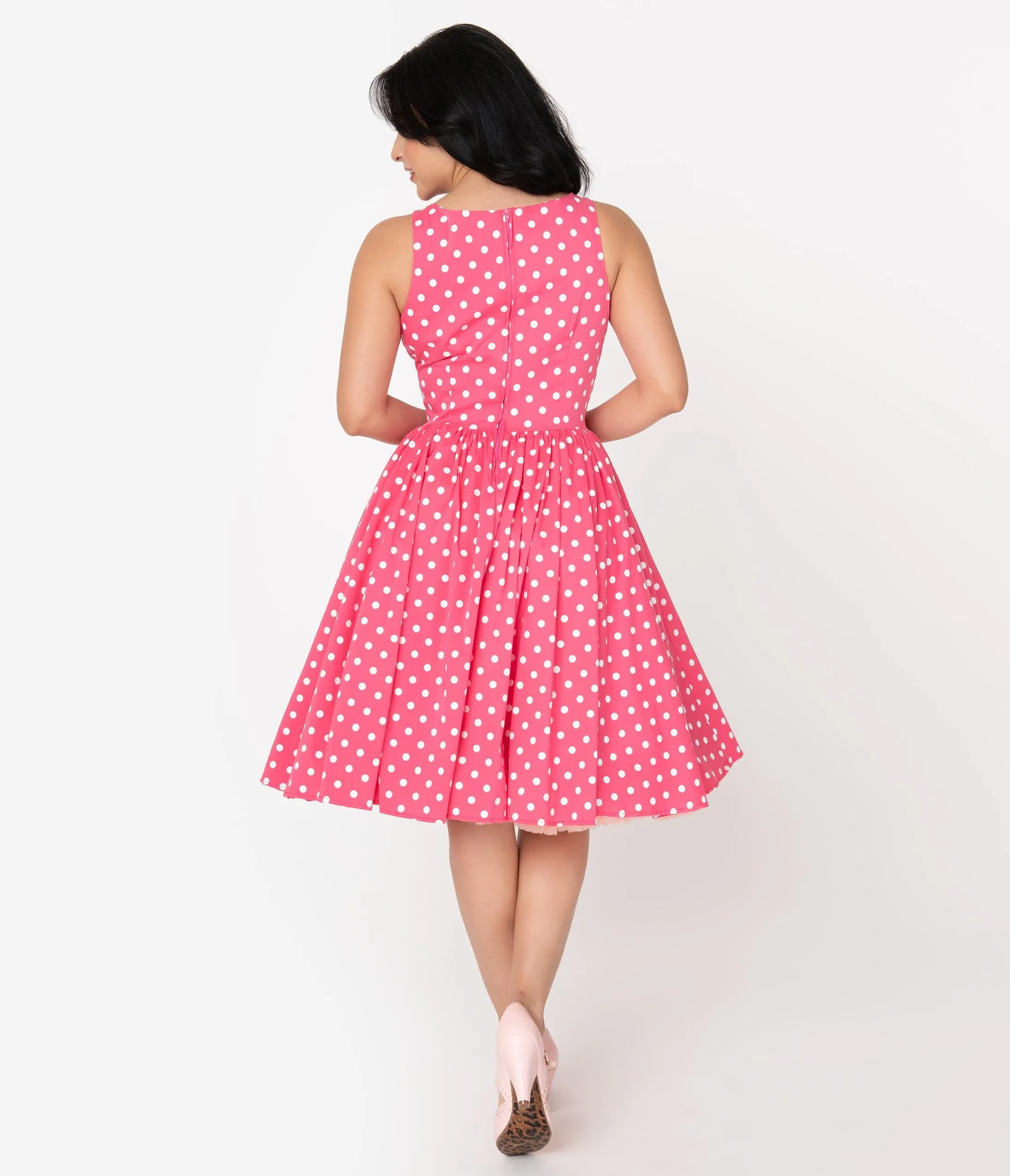 Unique Vintage Watermelon Pink & White Polka Dots Doheny Swing Dress