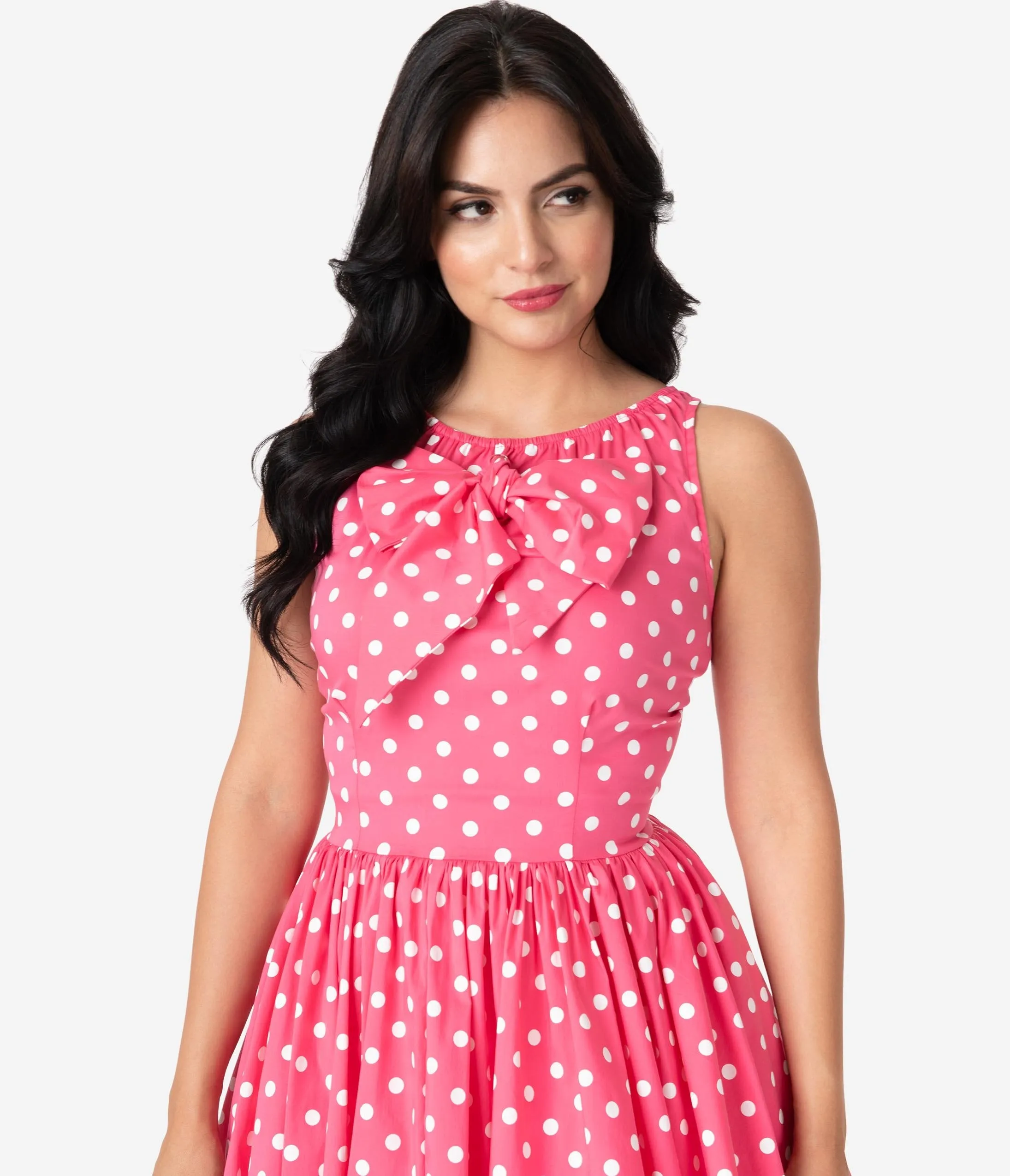 Unique Vintage Watermelon Pink & White Polka Dots Doheny Swing Dress