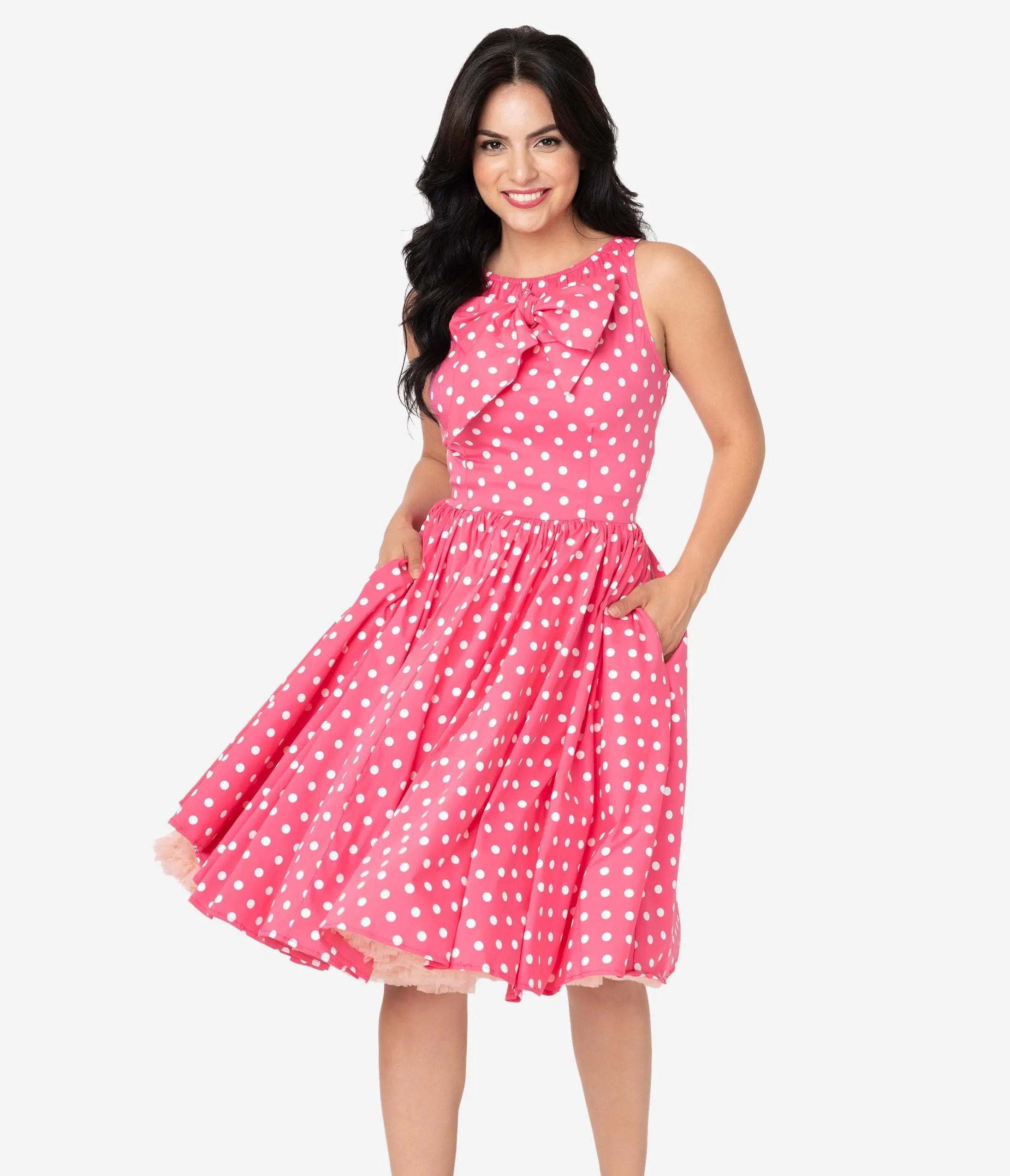 Unique Vintage Watermelon Pink & White Polka Dots Doheny Swing Dress