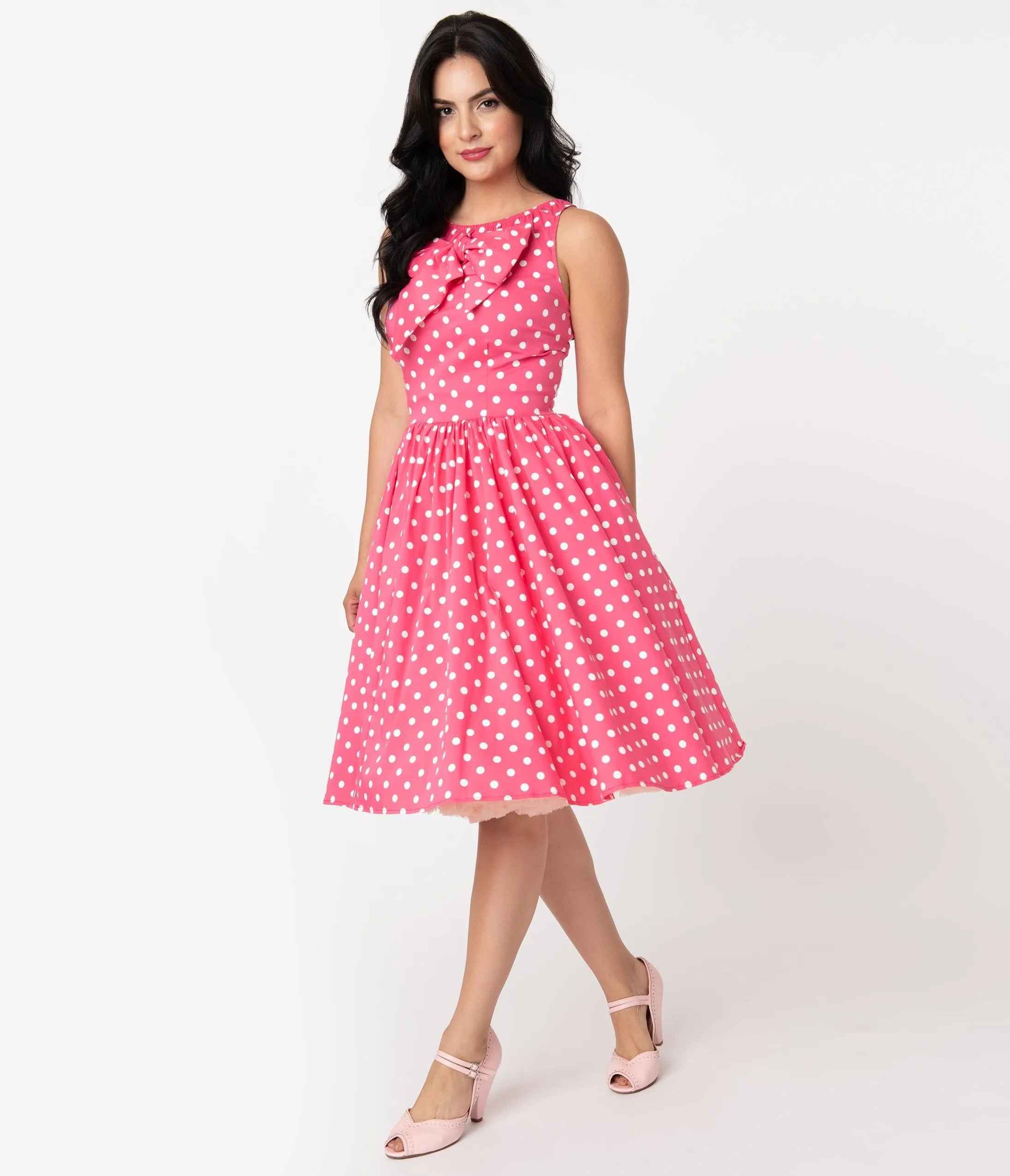 Unique Vintage Watermelon Pink & White Polka Dots Doheny Swing Dress