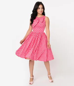 Unique Vintage Watermelon Pink & White Polka Dots Doheny Swing Dress