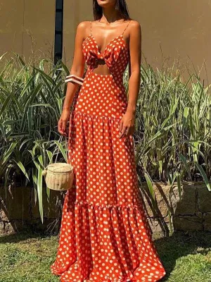 V-neck Sleeveless Polka Dot Beach Dress