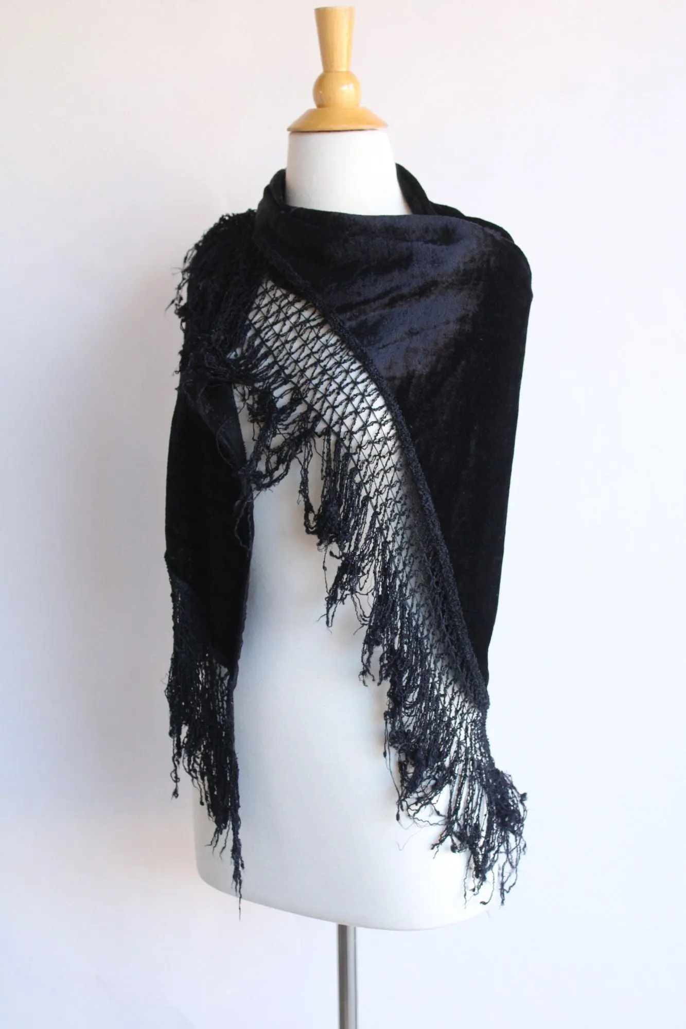 Vintage 1980s Black Velvet Shawl with Fringe Trim