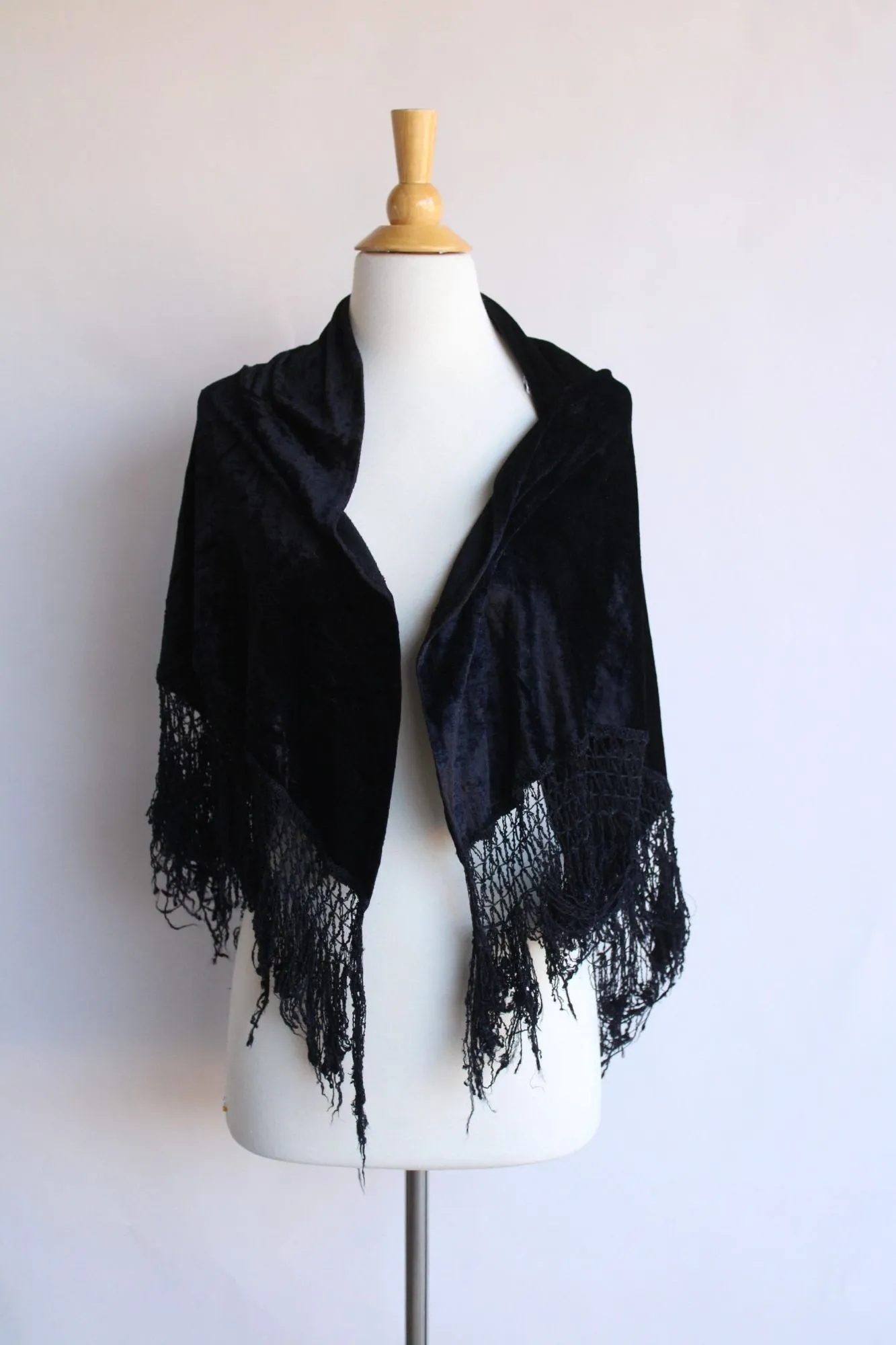 Vintage 1980s Black Velvet Shawl with Fringe Trim