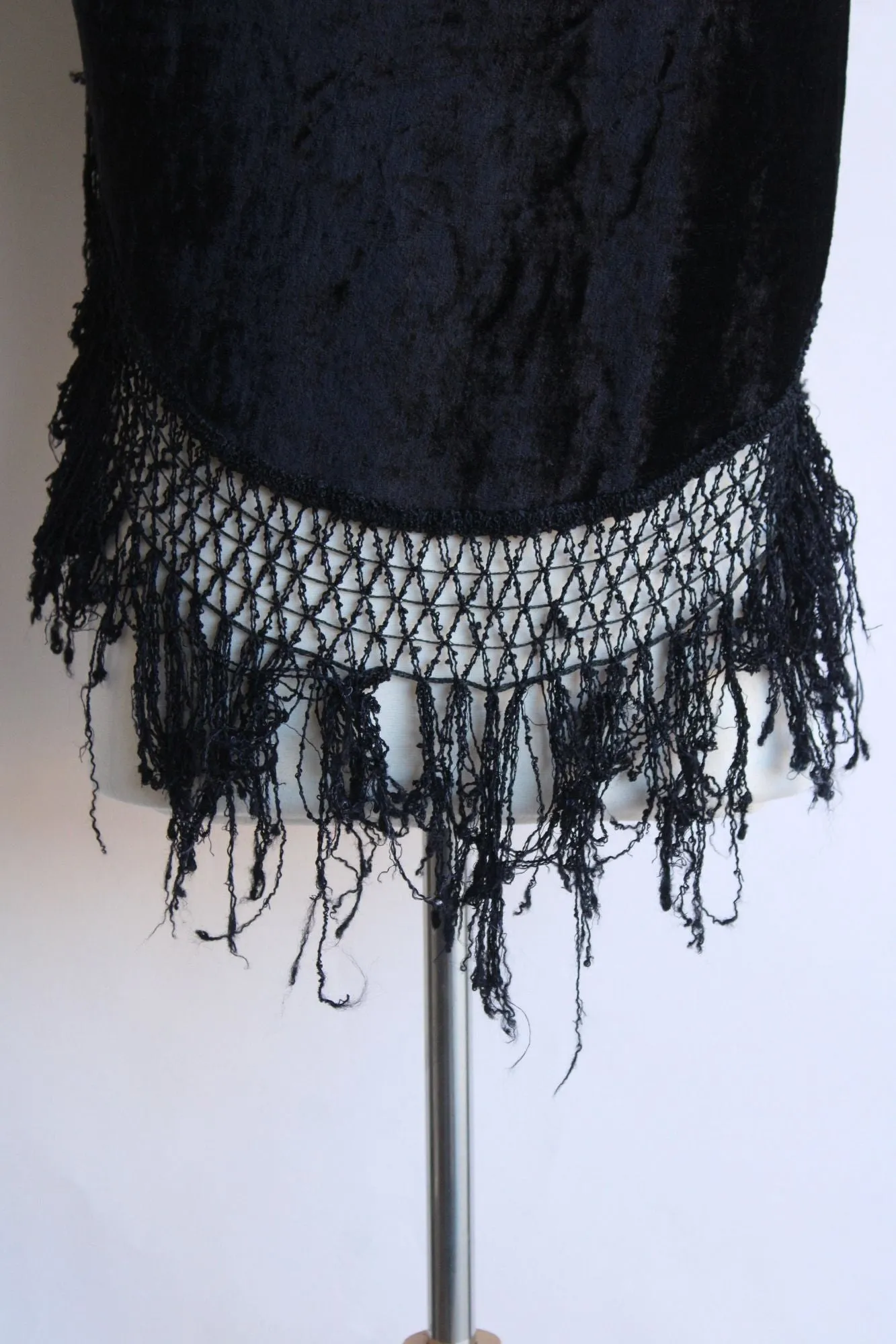 Vintage 1980s Black Velvet Shawl with Fringe Trim