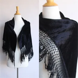 Vintage 1980s Black Velvet Shawl with Fringe Trim