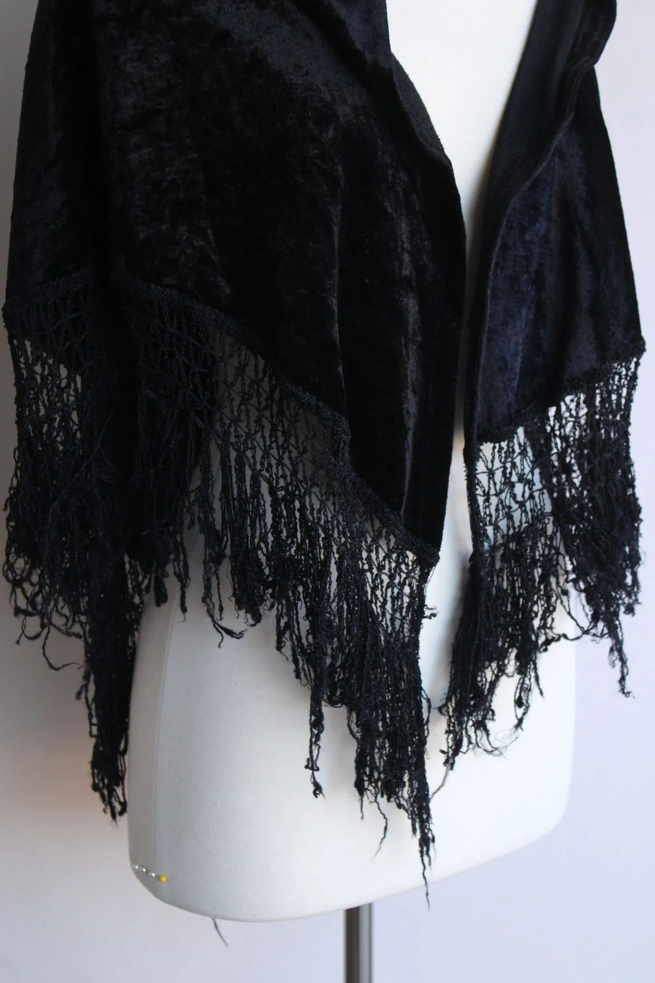 Vintage 1980s Black Velvet Shawl with Fringe Trim