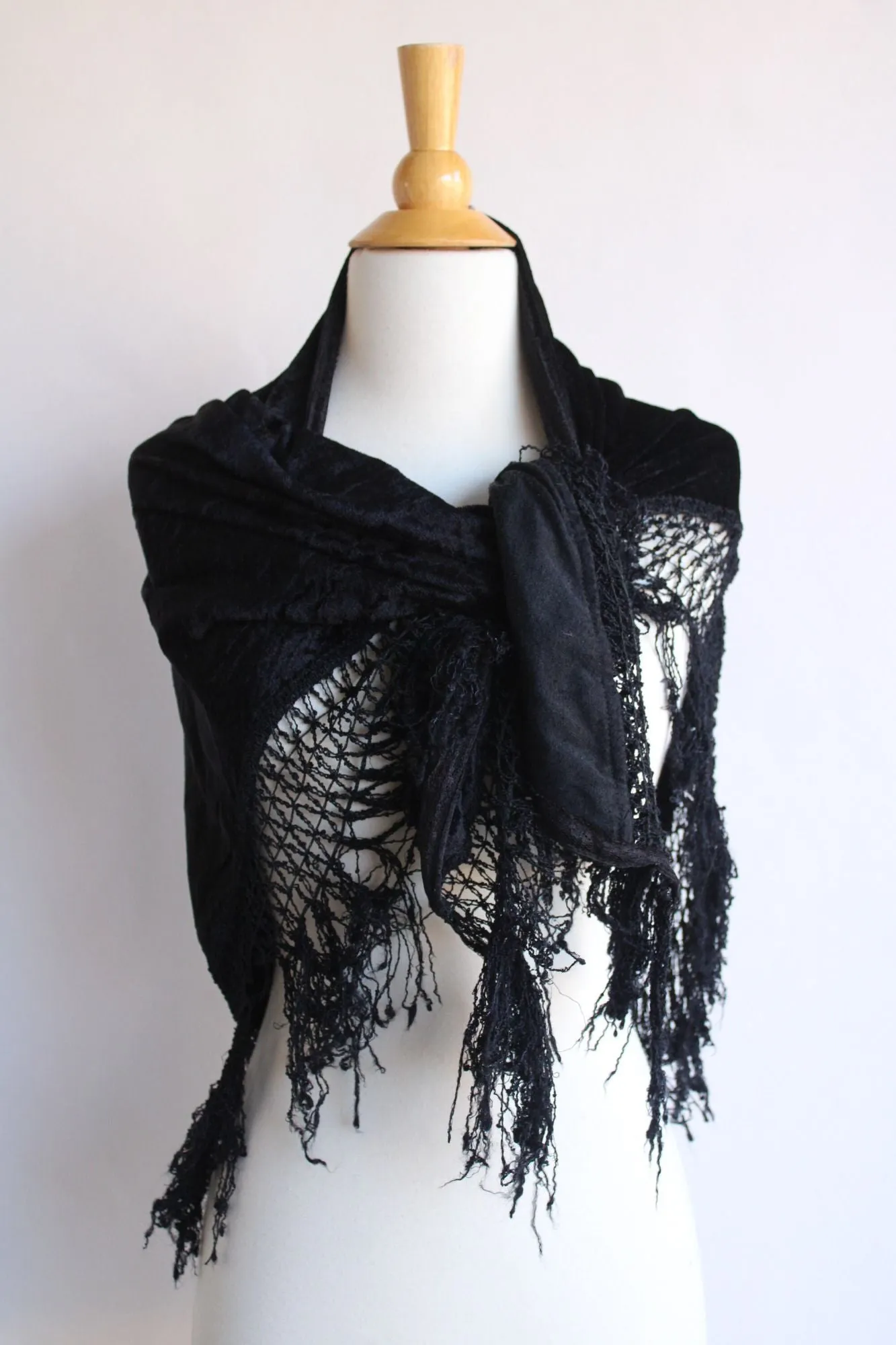 Vintage 1980s Black Velvet Shawl with Fringe Trim