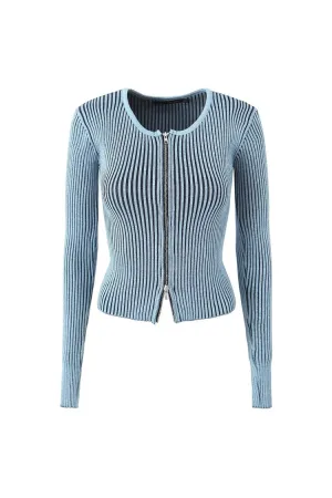 Vintage Contrast Two Way Zipper Long Sleeve Marl Knit Ribbed Crop Cardigan