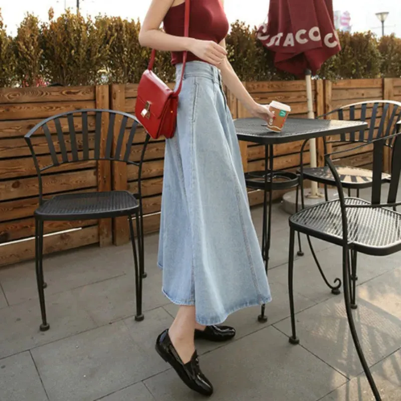 Vintage Denim Long Skirts High Waist Midi Skirt Loose A-Line Skirt