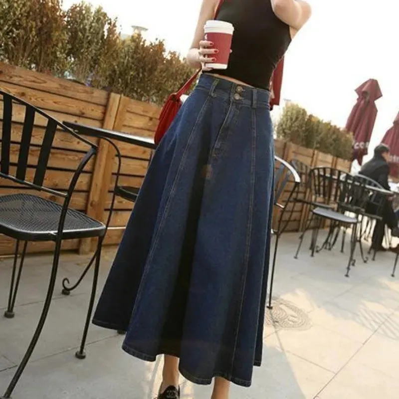 Vintage Denim Long Skirts High Waist Midi Skirt Loose A-Line Skirt