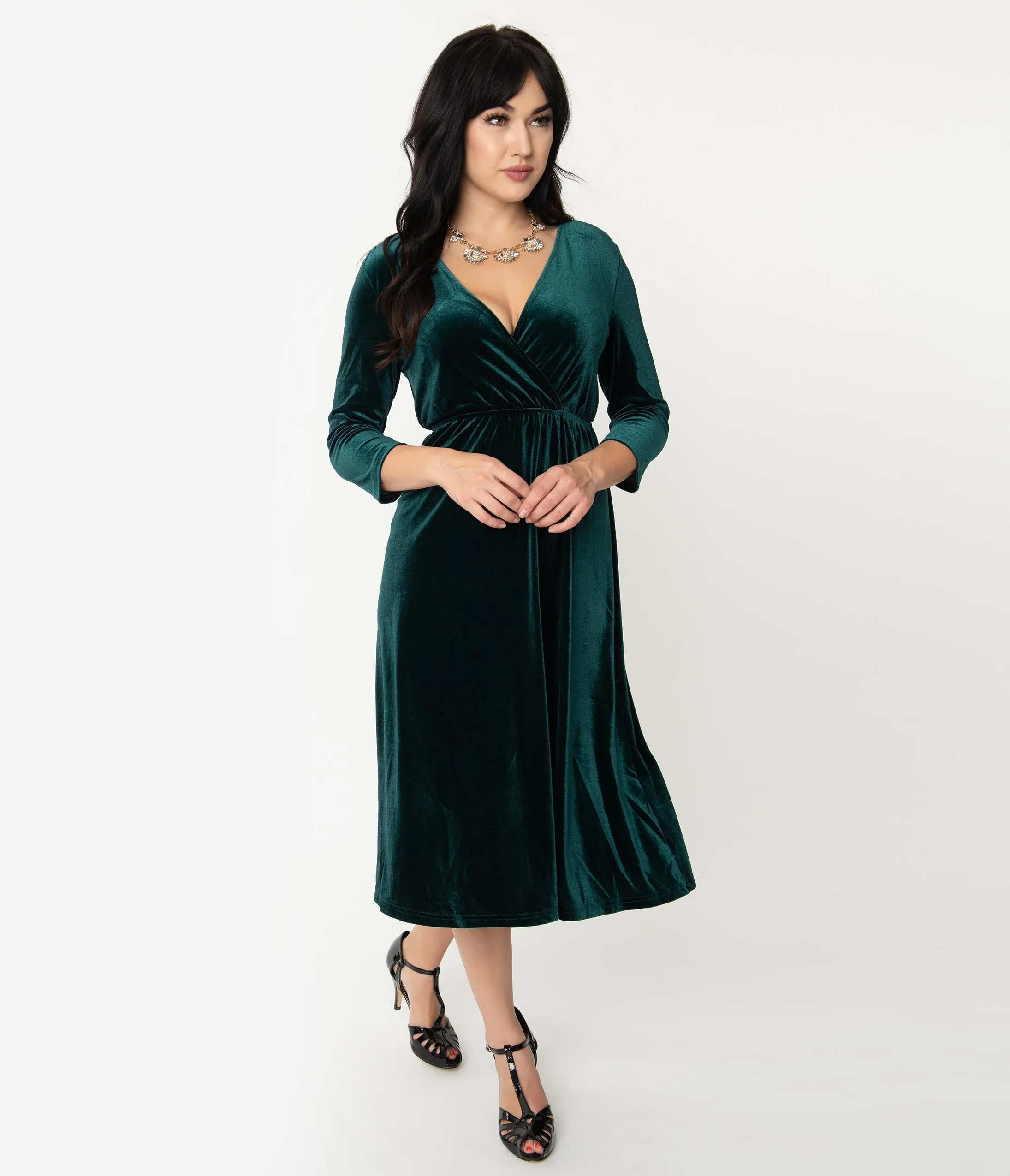 Vintage Style Forest Green Velvet Sleeved Midi Dress