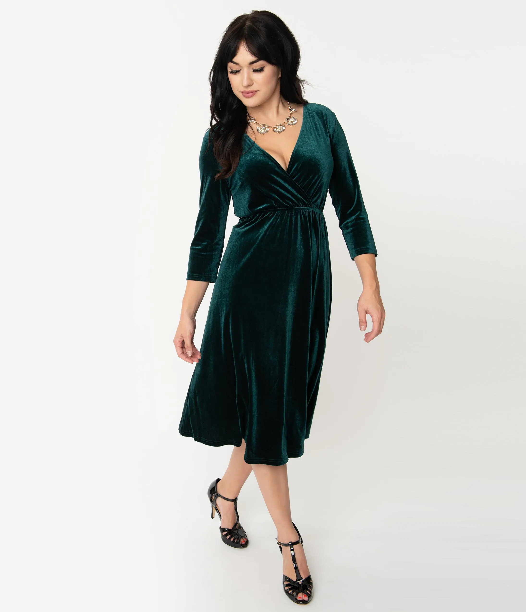 Vintage Style Forest Green Velvet Sleeved Midi Dress