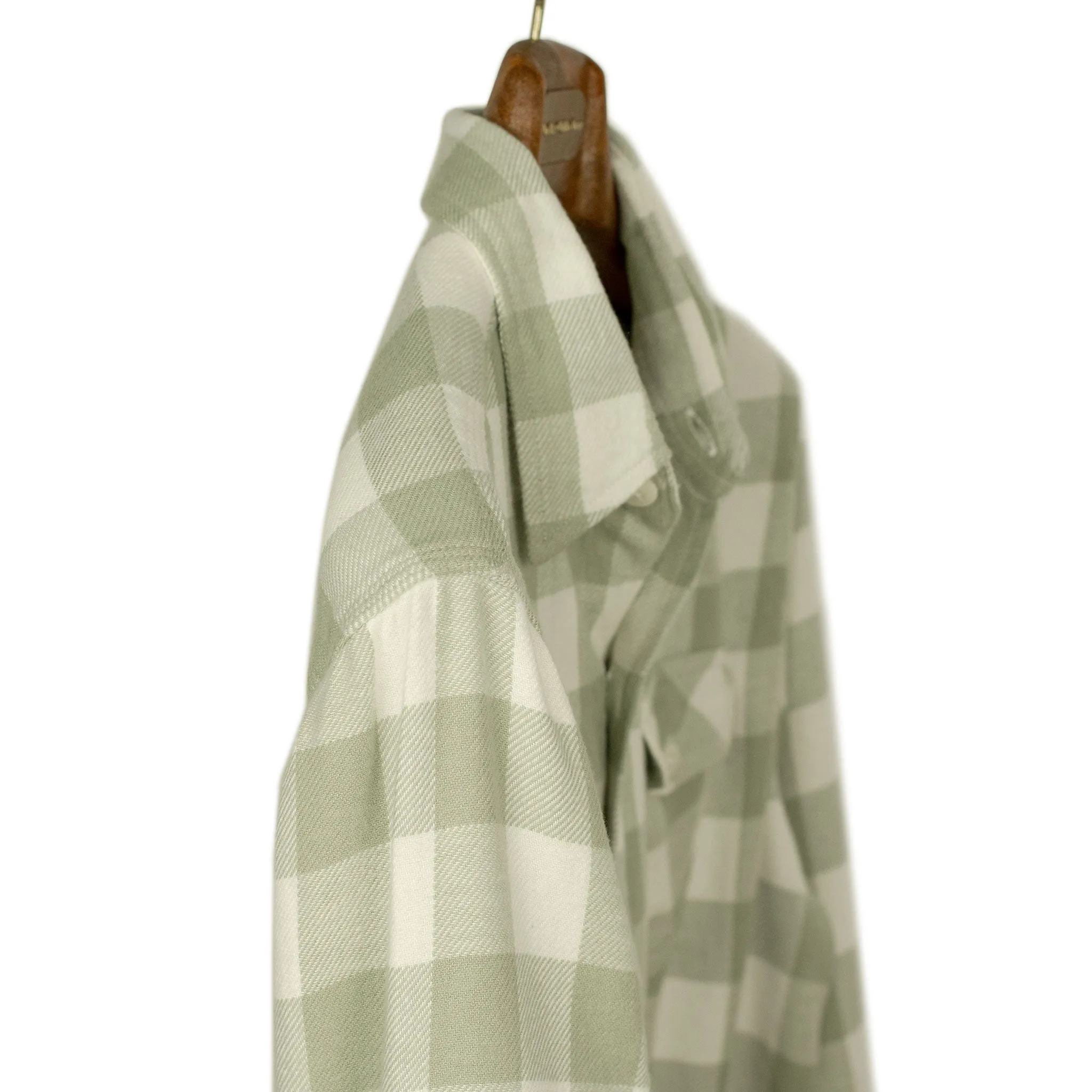 Washed flannel workshirt in "Sage on Cream" buffalo plaid cotton