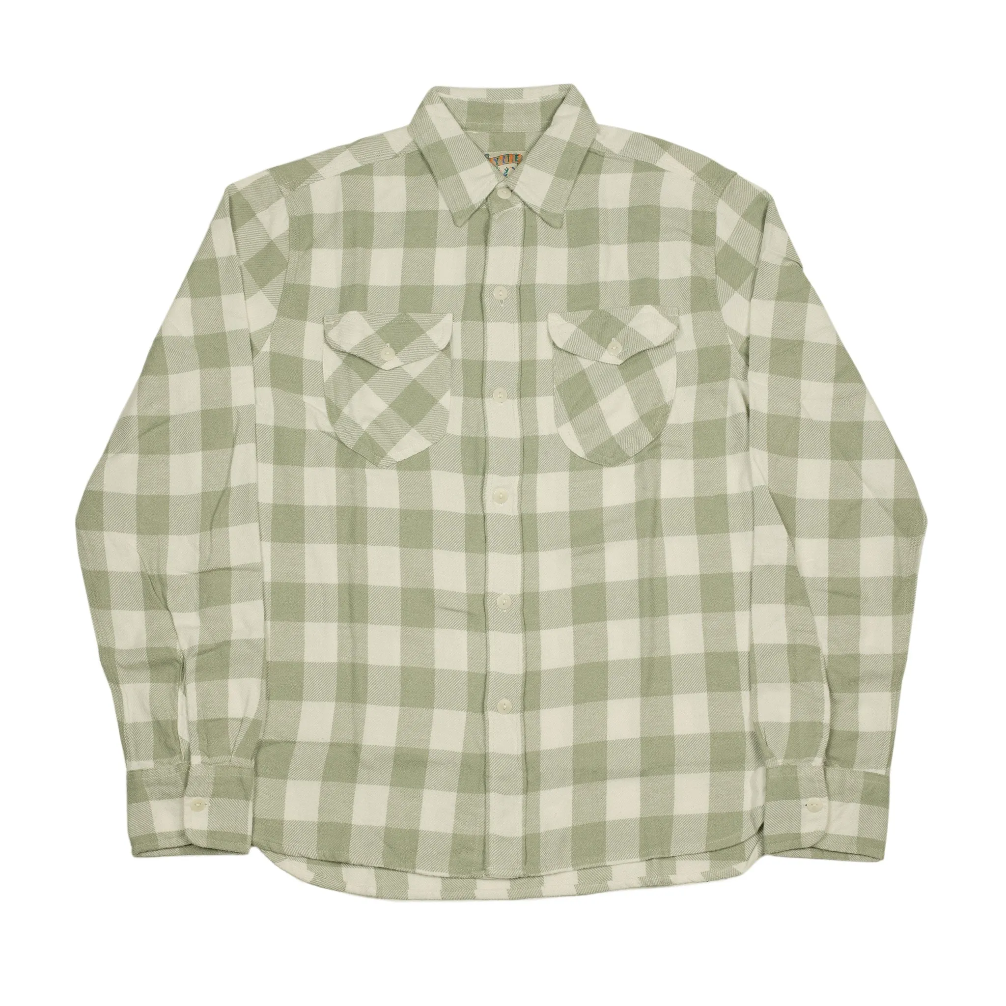 Washed flannel workshirt in "Sage on Cream" buffalo plaid cotton