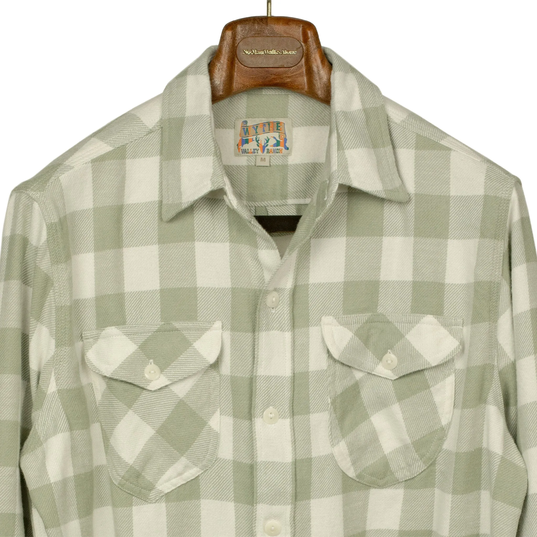 Washed flannel workshirt in "Sage on Cream" buffalo plaid cotton