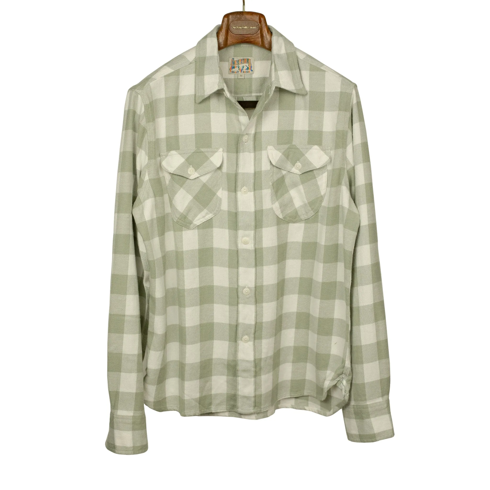 Washed flannel workshirt in "Sage on Cream" buffalo plaid cotton