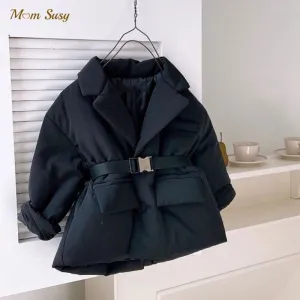 Winter Warm Thick Padded Cotton Girls Coats with Waist Belt