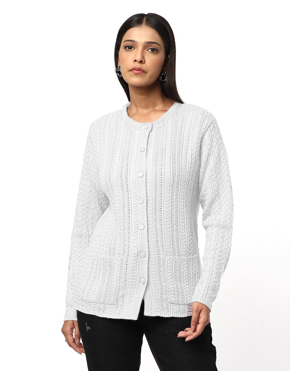 Women Knitted Round Neck With Front Button Cardigan