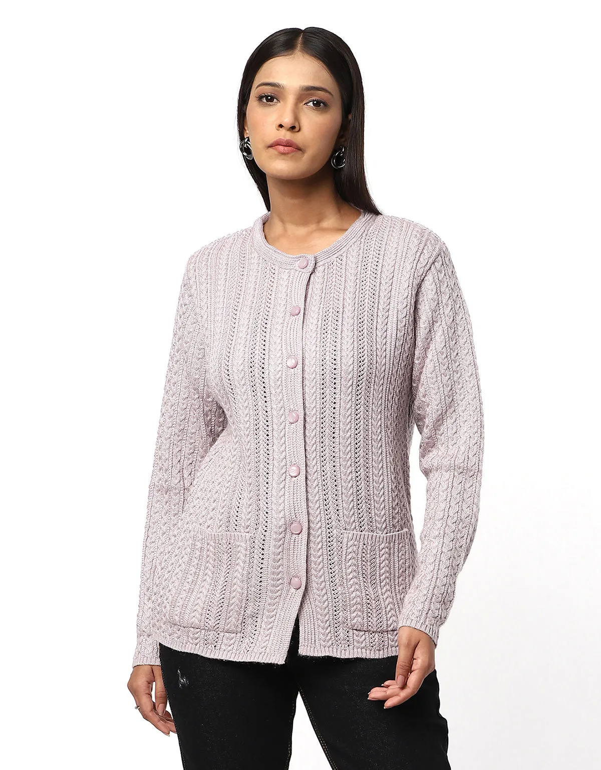 Women Knitted Round Neck With Front Button Cardigan