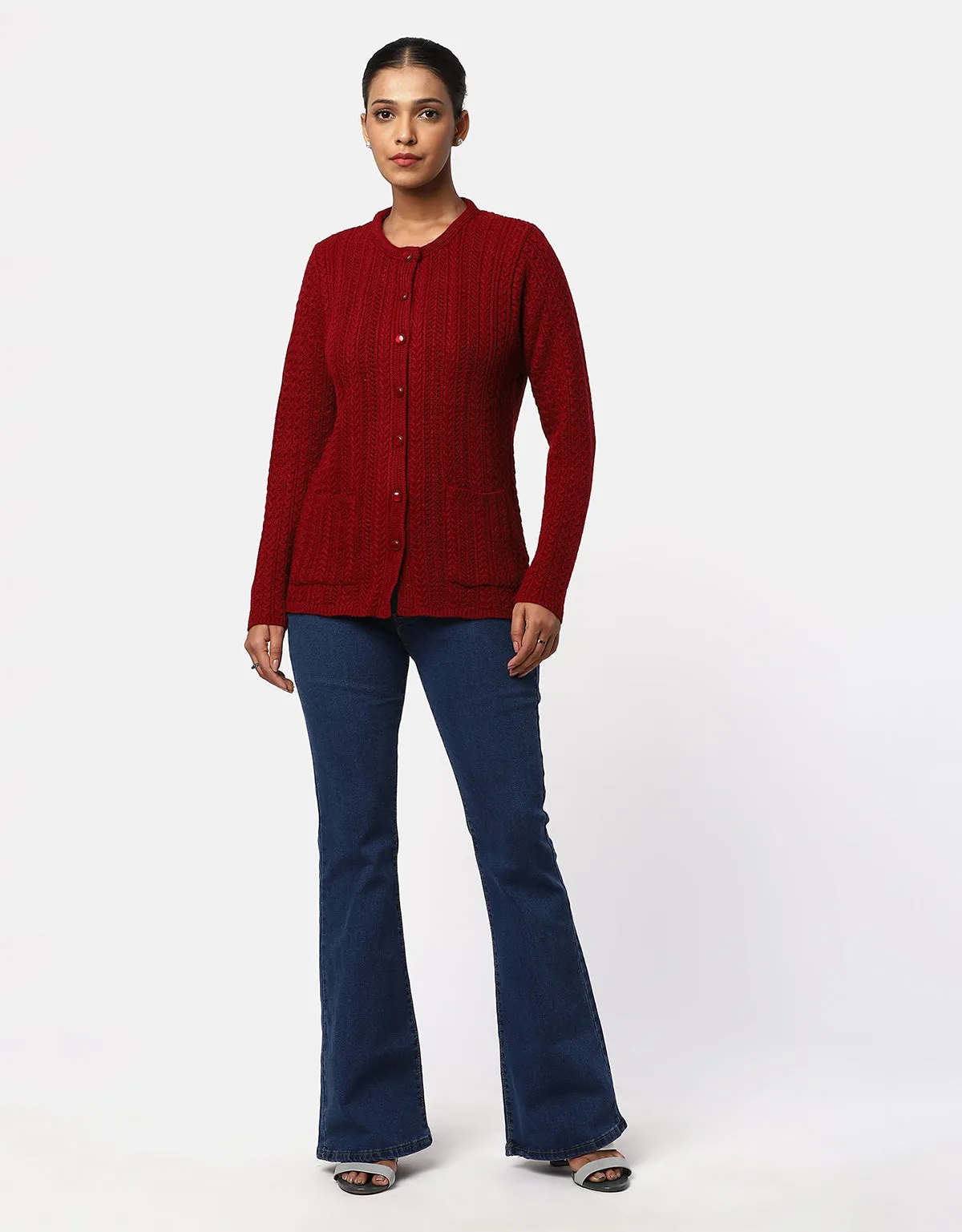 Women Knitted Round Neck With Front Button Cardigan