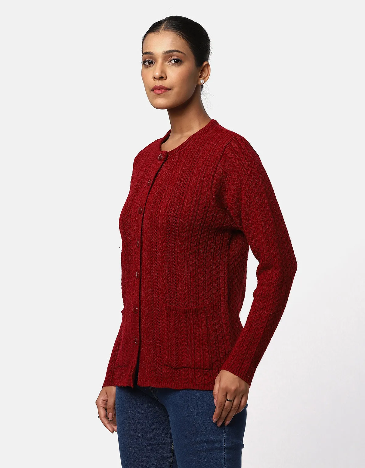 Women Knitted Round Neck With Front Button Cardigan