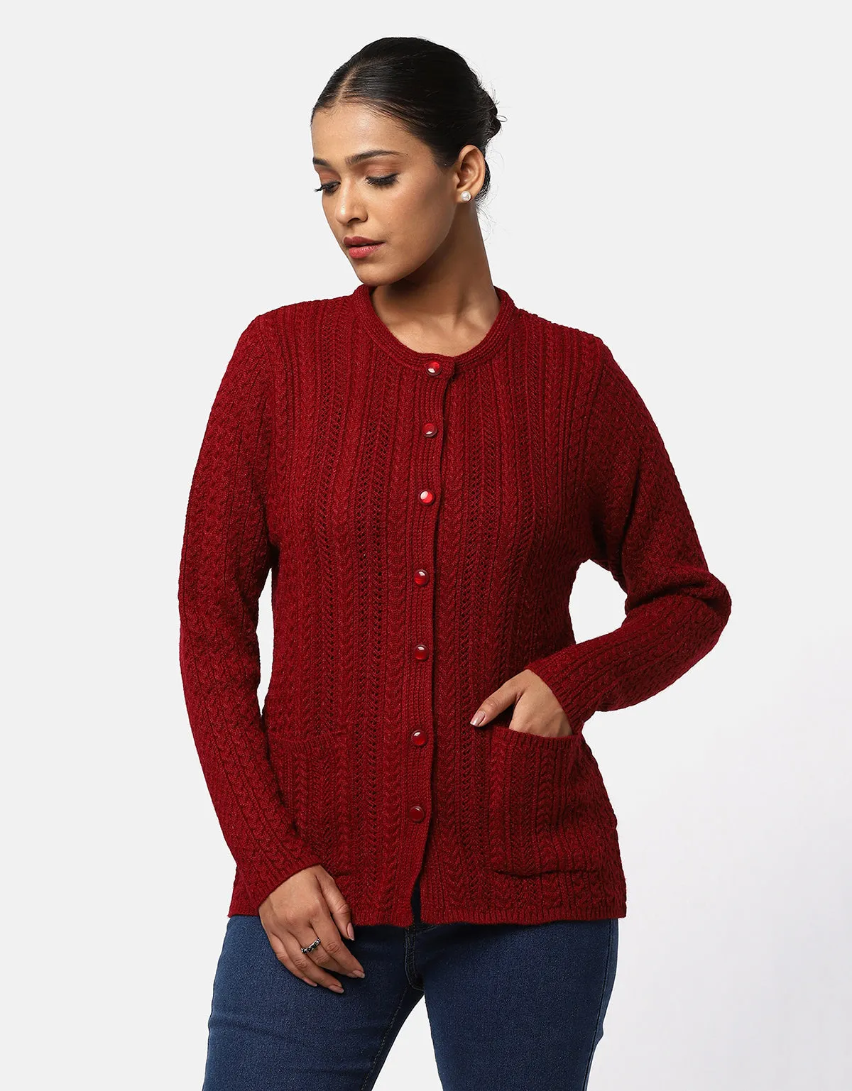 Women Knitted Round Neck With Front Button Cardigan