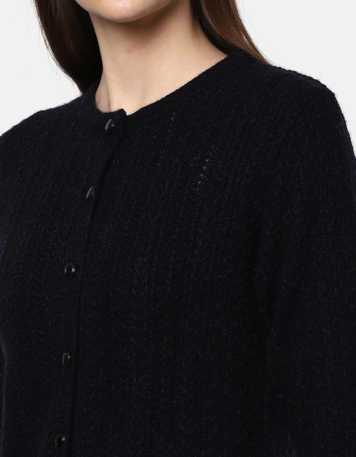 Women Knitted Round Neck With Front Button Cardigan