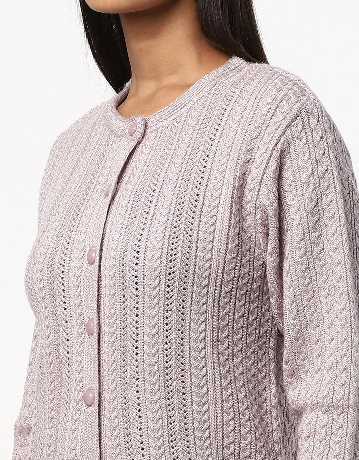 Women Knitted Round Neck With Front Button Cardigan