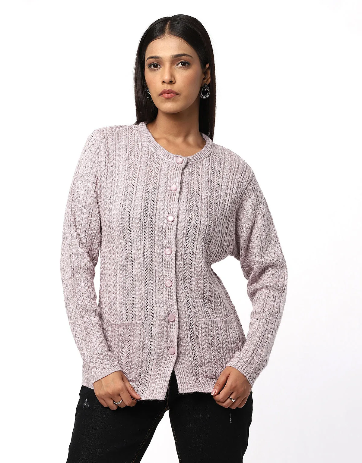 Women Knitted Round Neck With Front Button Cardigan