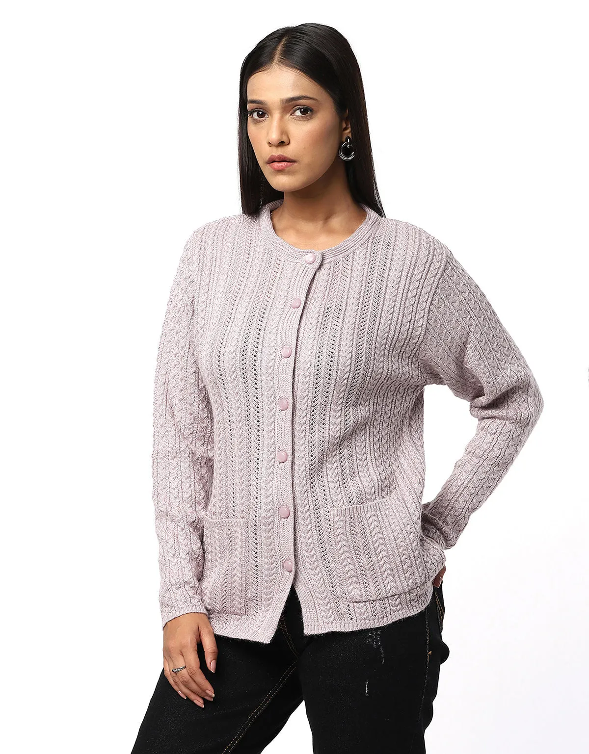 Women Knitted Round Neck With Front Button Cardigan