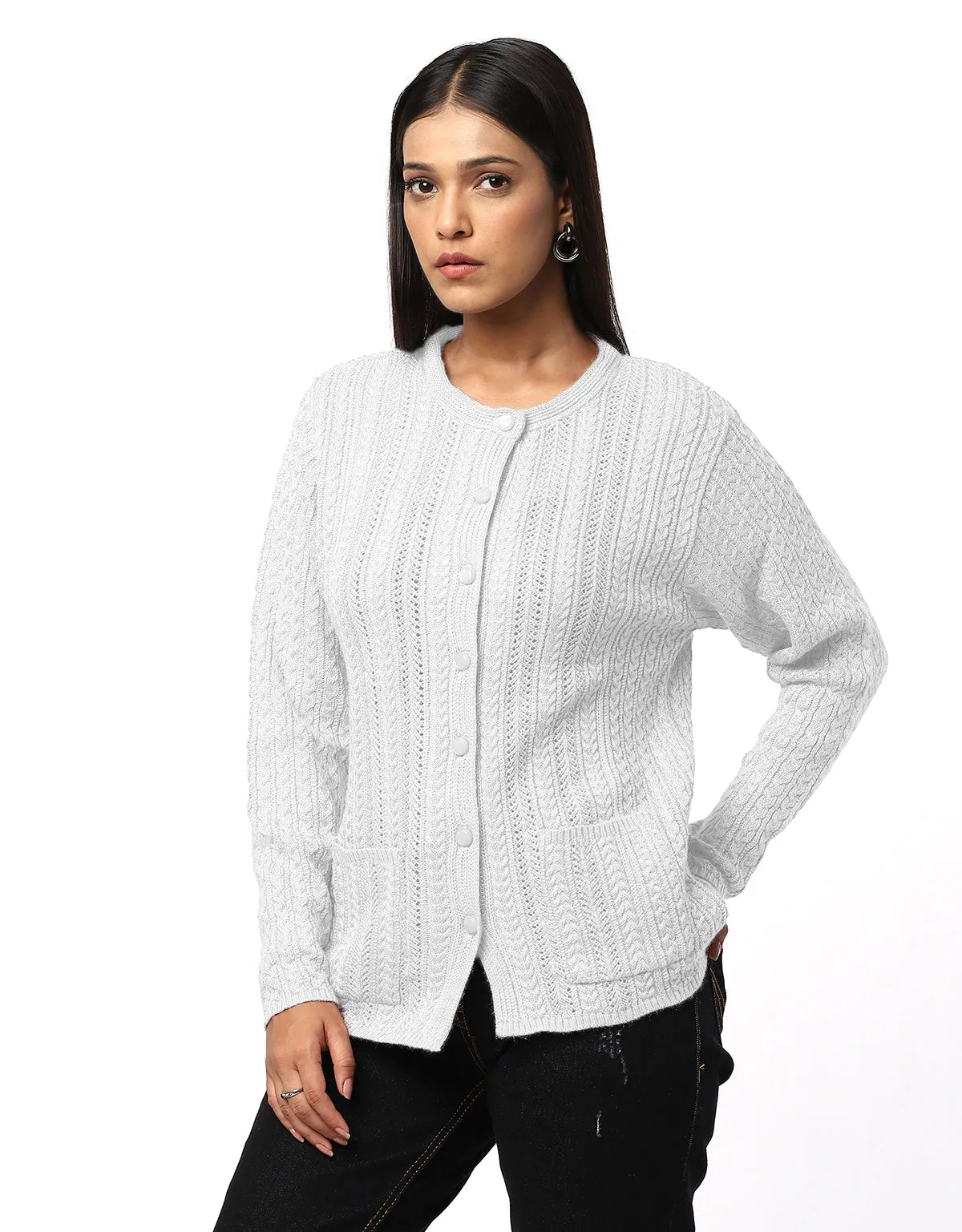 Women Knitted Round Neck With Front Button Cardigan