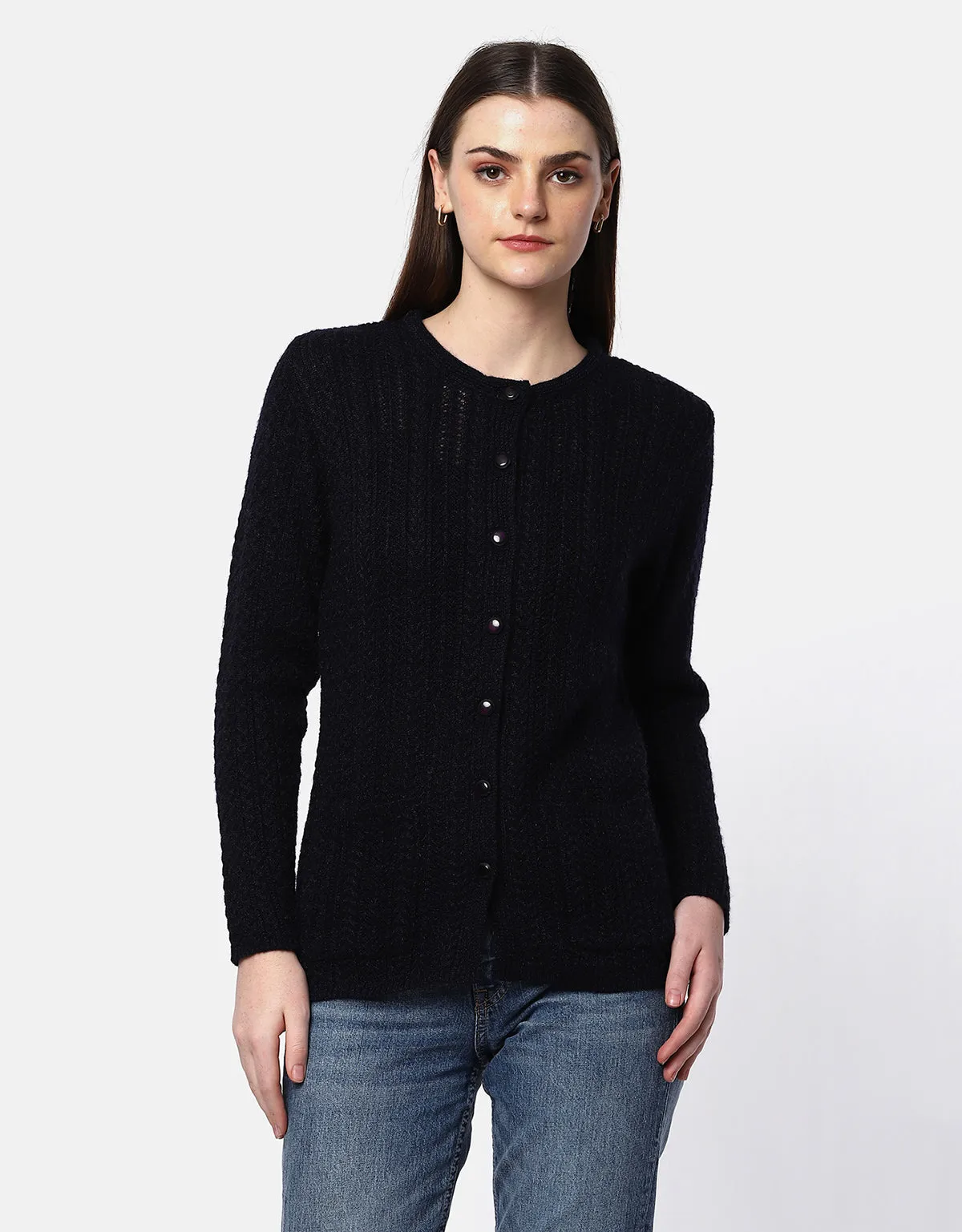 Women Knitted Round Neck With Front Button Cardigan