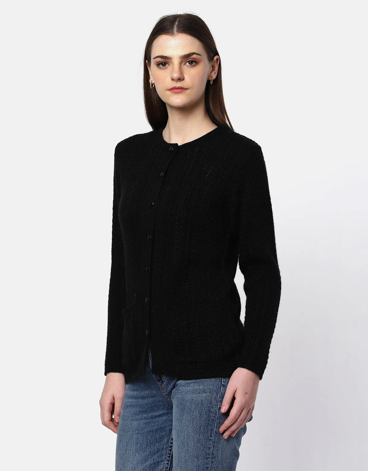 Women Knitted Round Neck With Front Button Cardigan