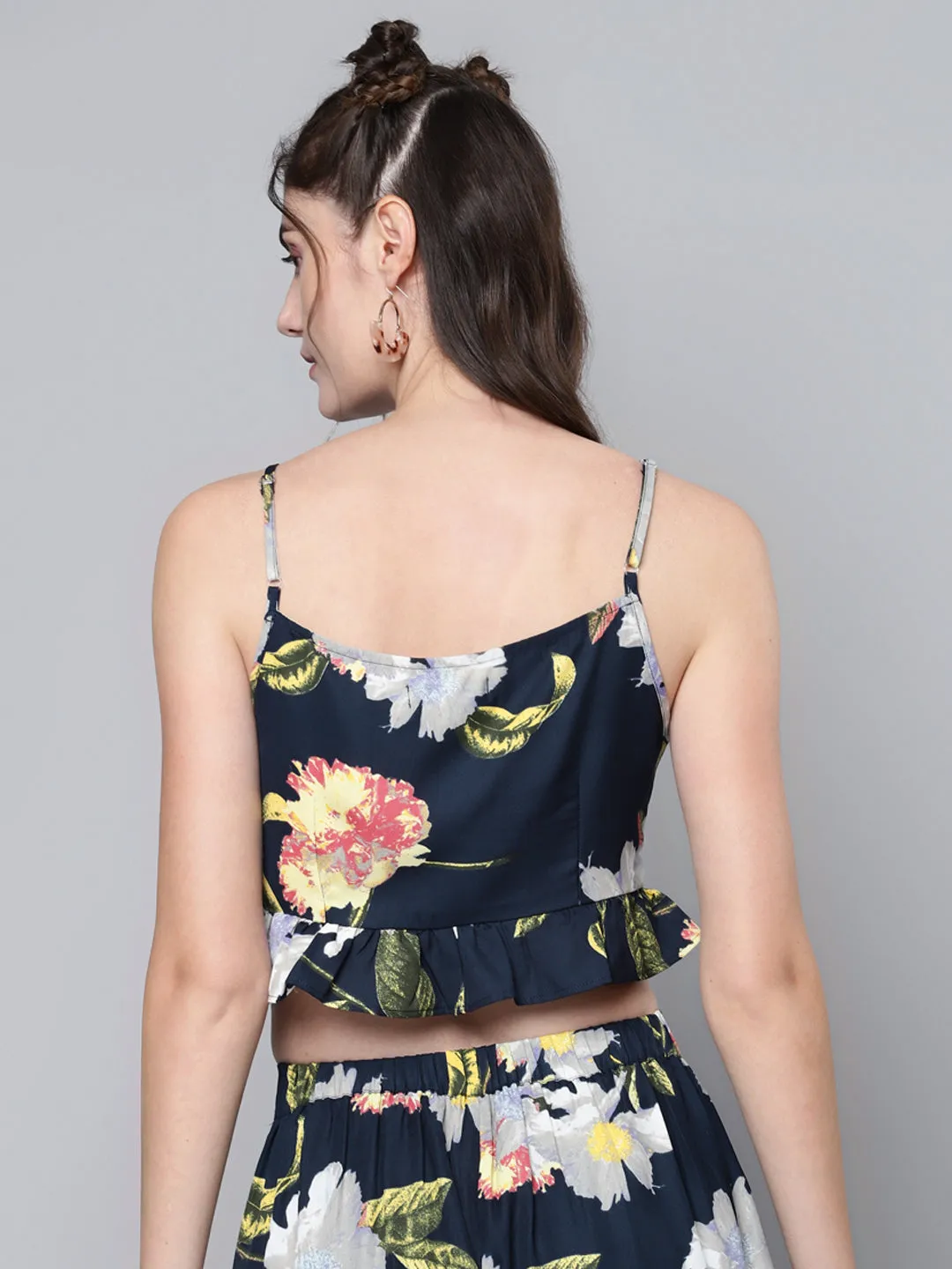 Women Navy Floral Strappy Crop Top