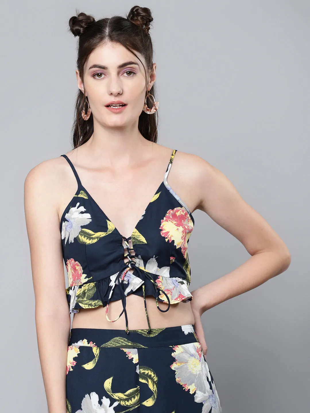 Women Navy Floral Strappy Crop Top