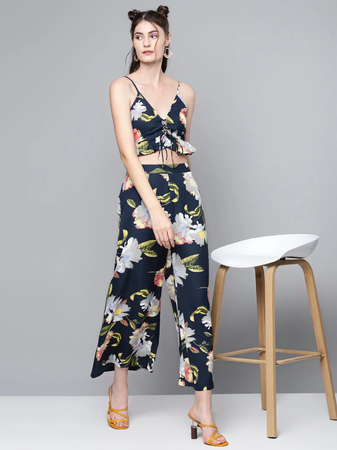 Women Navy Floral Strappy Crop Top